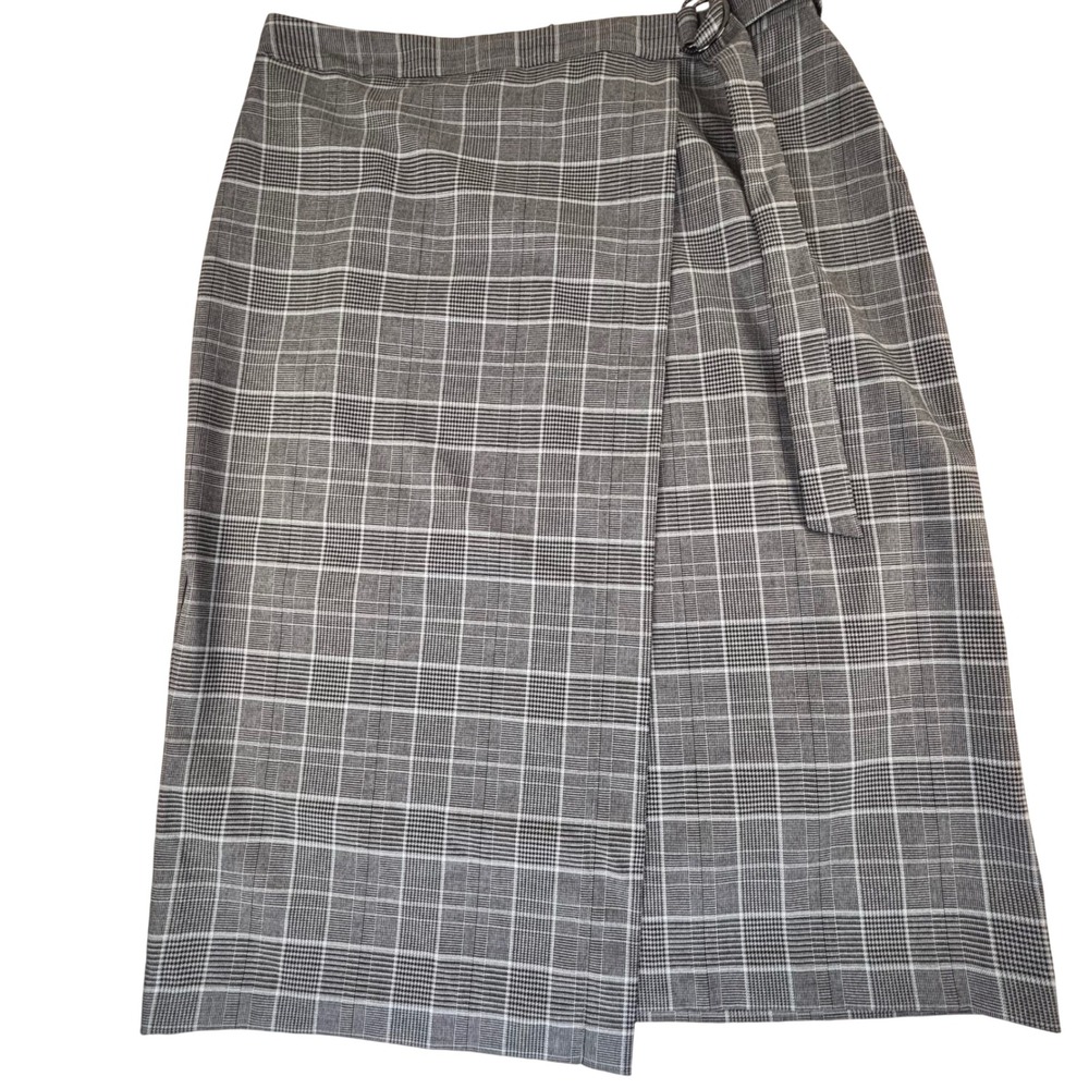 Banana Republic Gray Faux Wrap Plaid Skirt Gun Metal Gray Loop Belt Sz 14